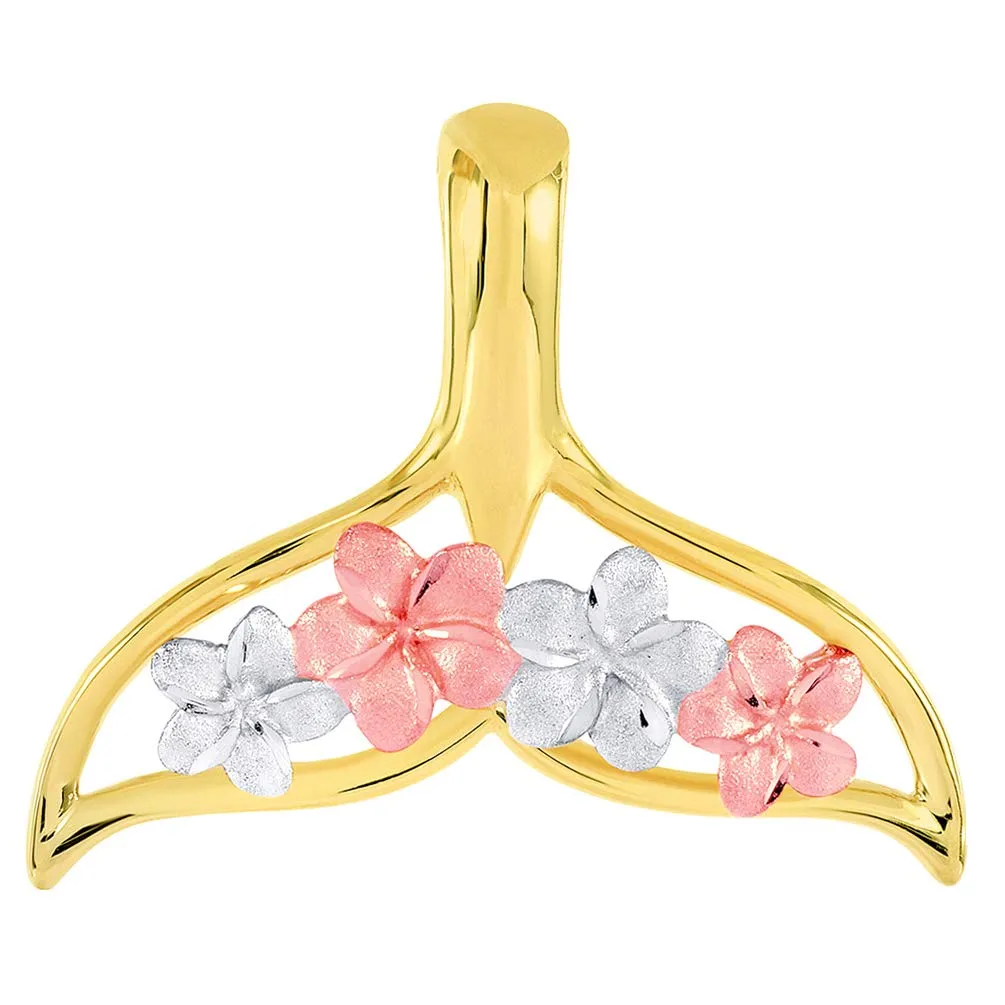 14k Yellow and Rose Gold Open Tri-Tone Whale Tail with Hawaiian Plumeria Flower Pendant Curb Chain Necklace