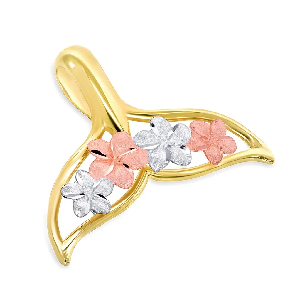 14k Yellow and Rose Gold Open Tri-Tone Whale Tail with Hawaiian Plumeria Flower Pendant Curb Chain Necklace