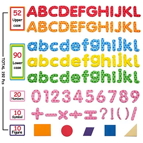 192 Pcs Magnetic Letters Numbers 9 Color(With Pattern Blocks,Symbols) Foam Set, Alphabet Magnets Gift for Preschool Kids Children Toddler Educational Fridge Refrigerator Toy, Classroom School Learning