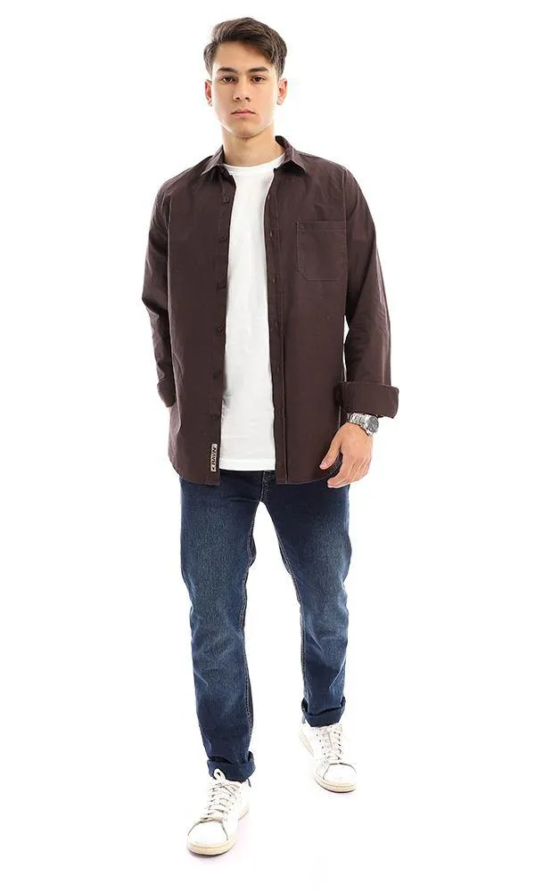 94773 Plain Full Buttoned Dark Brown Basic Shirt