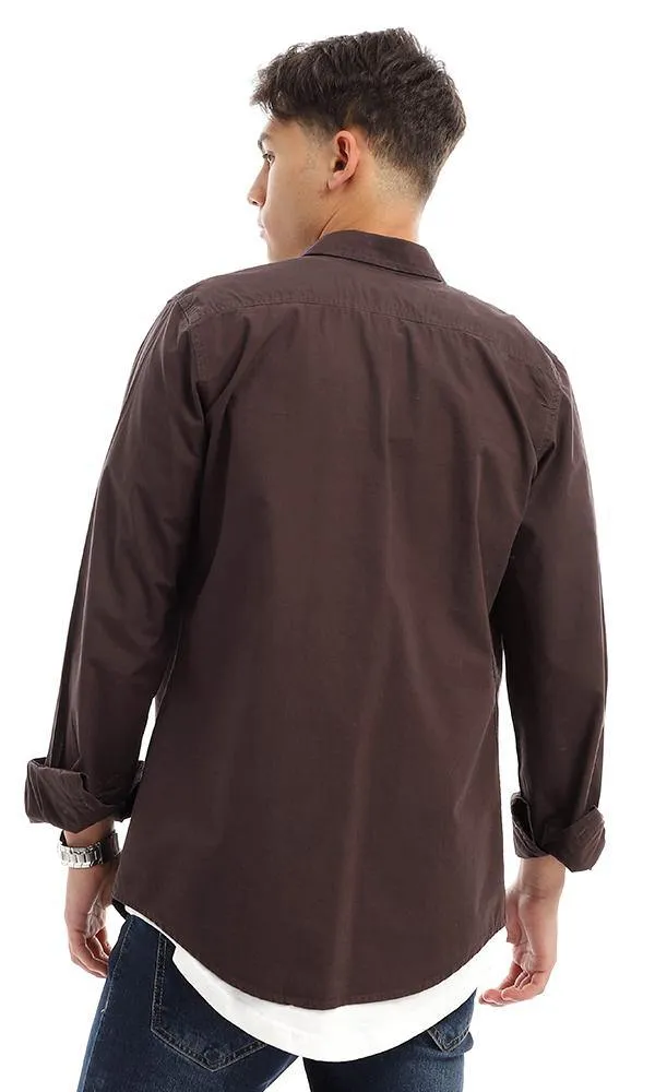 94773 Plain Full Buttoned Dark Brown Basic Shirt