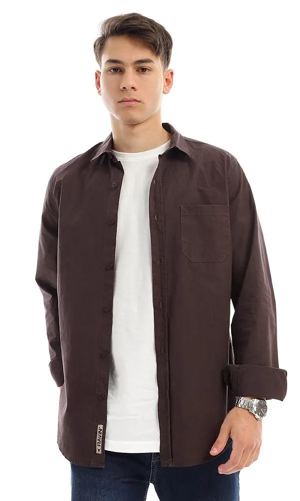 94773 Plain Full Buttoned Dark Brown Basic Shirt
