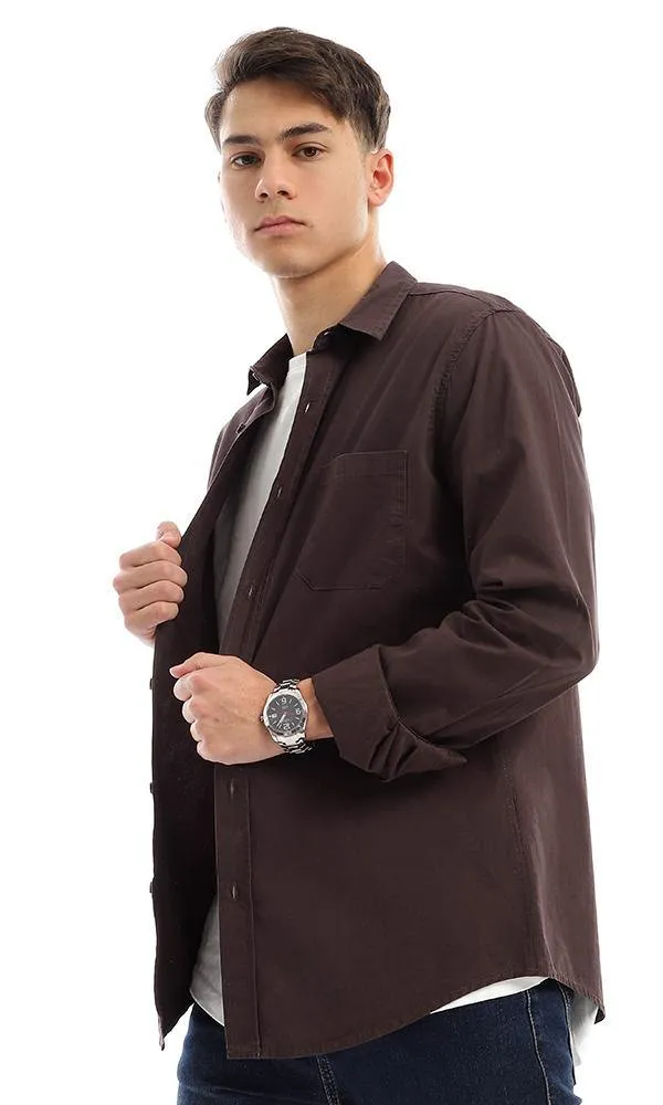 94773 Plain Full Buttoned Dark Brown Basic Shirt