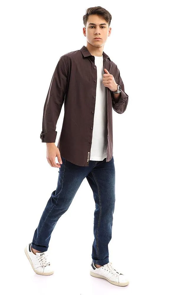 94773 Plain Full Buttoned Dark Brown Basic Shirt