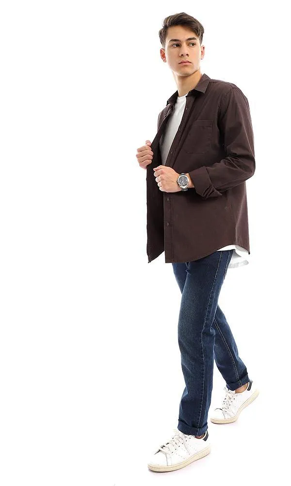 94773 Plain Full Buttoned Dark Brown Basic Shirt