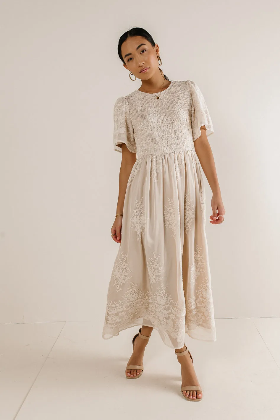 Alora Embroidered Dress in Champagne - FINAL SALE