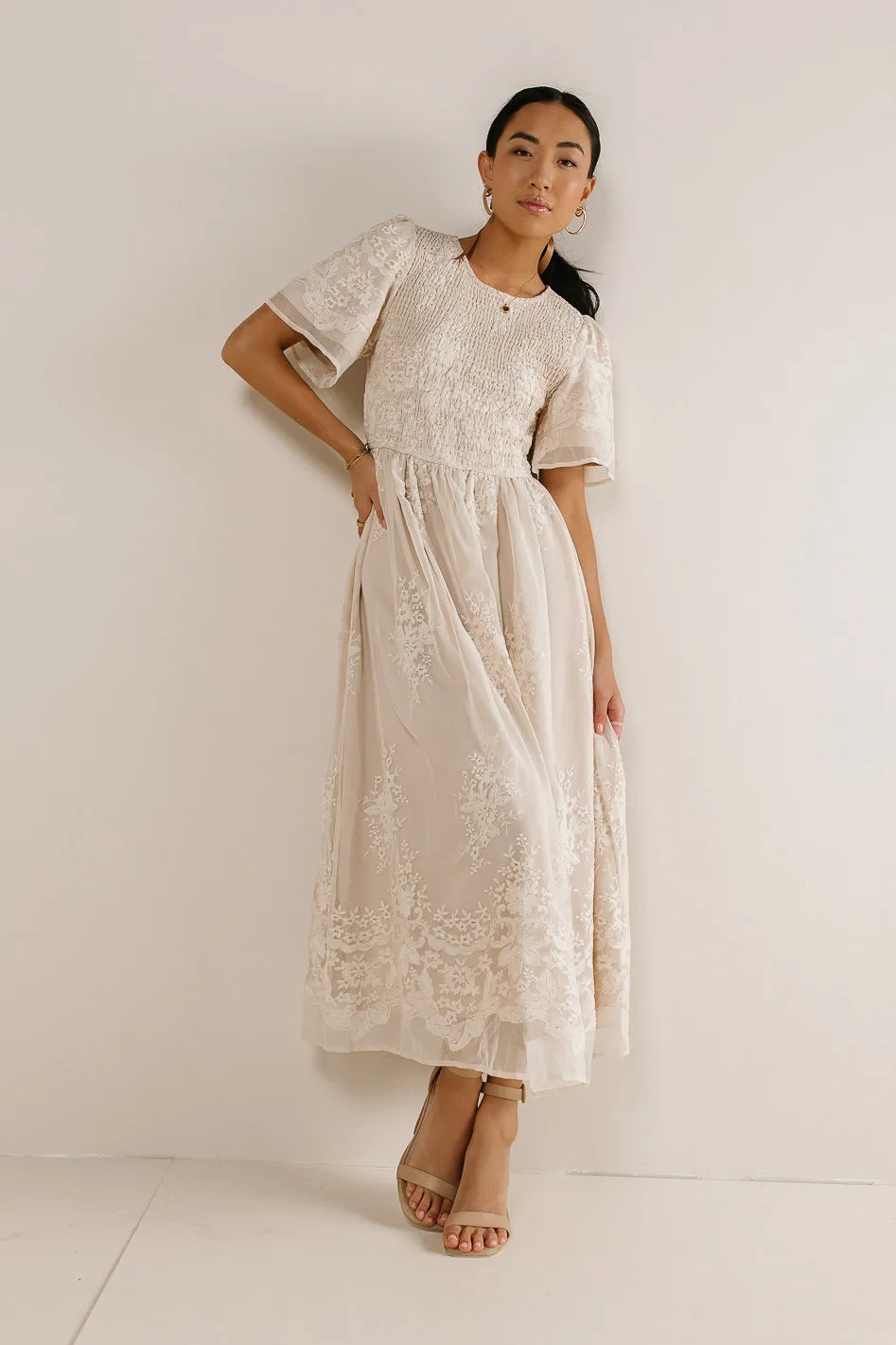 Alora Embroidered Dress in Champagne - FINAL SALE