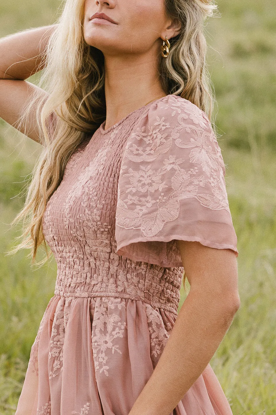 Alora Embroidered Dress in Dusty Rose