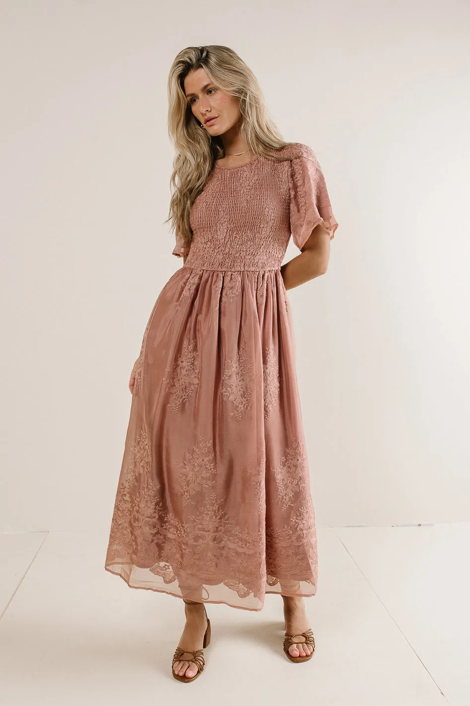 Alora Embroidered Dress in Dusty Rose