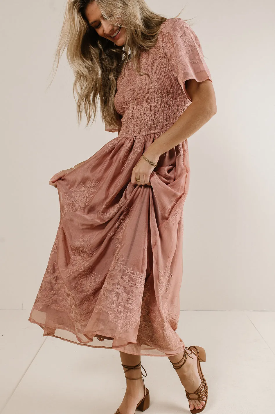 Alora Embroidered Dress in Dusty Rose