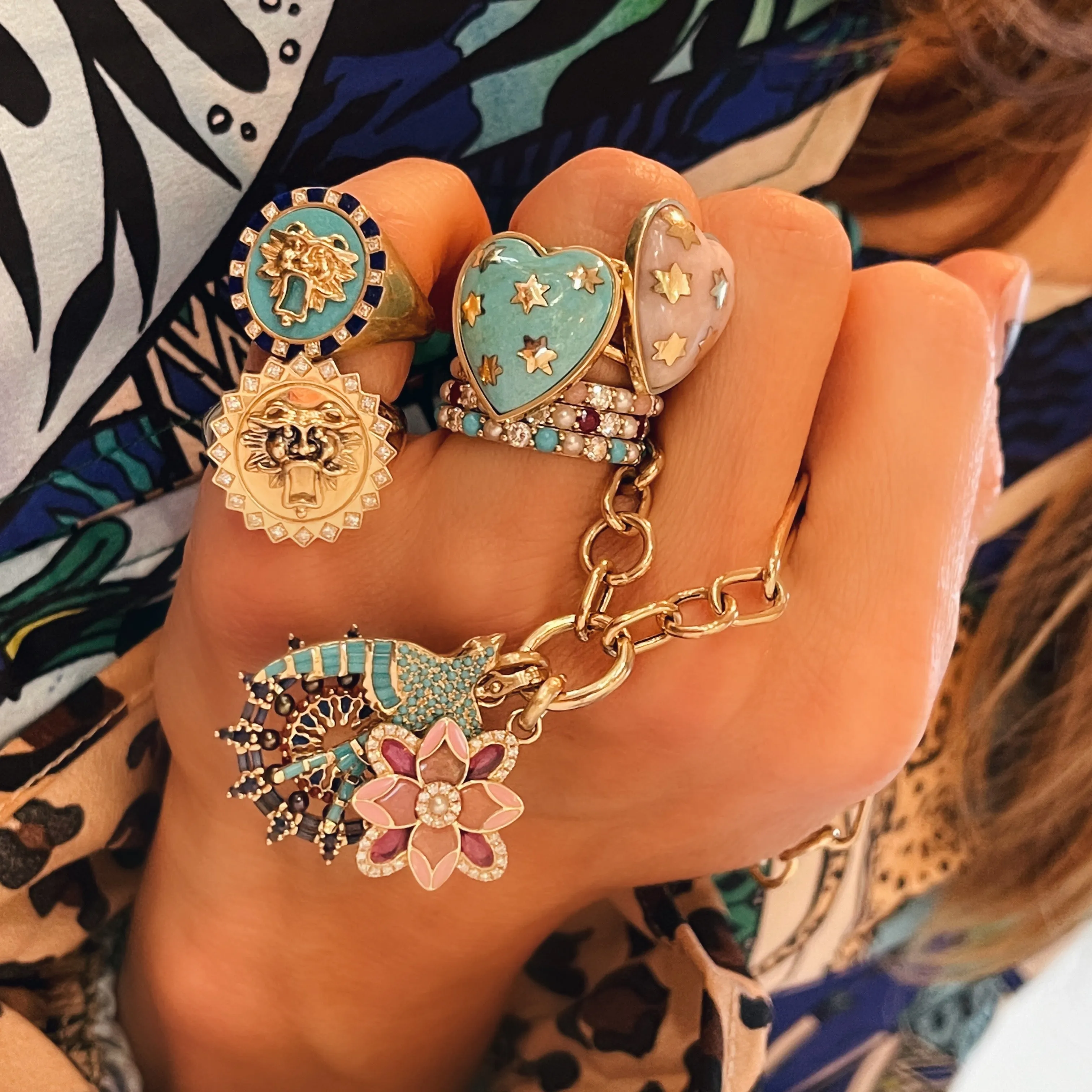 Anna Semi Precious Heart and Gold Stars Ring