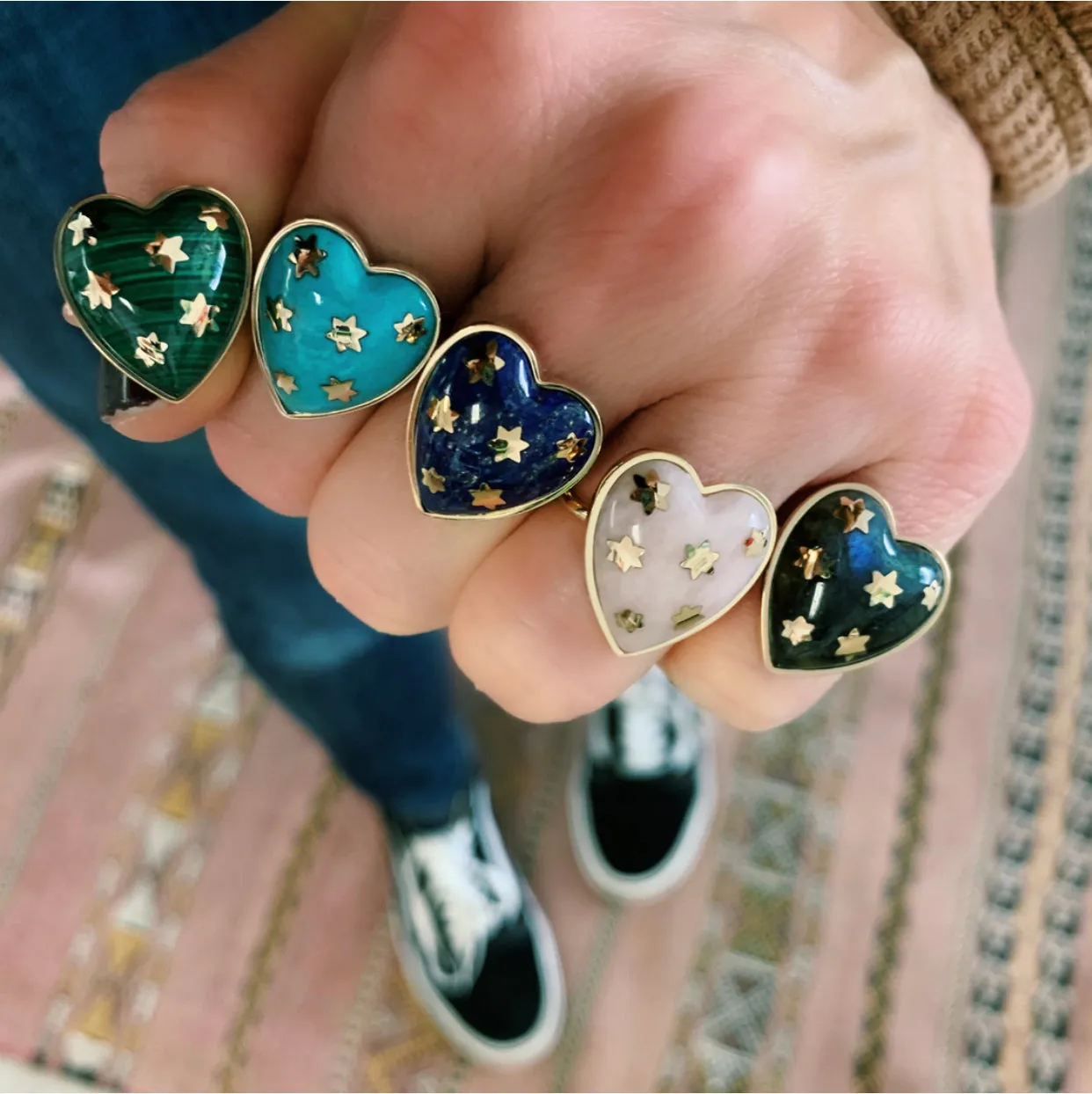 Anna Semi Precious Heart and Gold Stars Ring