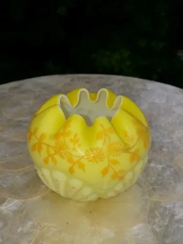 Antique 1890s Mt. Washingington Satin Yellow Glass Enamel floral shell rose bowl