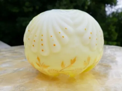 Antique 1890s Mt. Washingington Satin Yellow Glass Enamel floral shell rose bowl