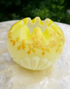 Antique 1890s Mt. Washingington Satin Yellow Glass Enamel floral shell rose bowl