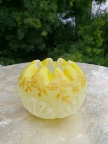Antique 1890s Mt. Washingington Satin Yellow Glass Enamel floral shell rose bowl