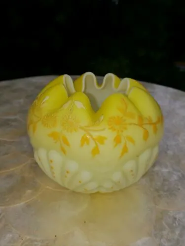 Antique 1890s Mt. Washingington Satin Yellow Glass Enamel floral shell rose bowl