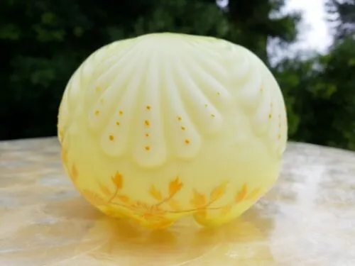 Antique 1890s Mt. Washingington Satin Yellow Glass Enamel floral shell rose bowl