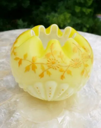 Antique 1890s Mt. Washingington Satin Yellow Glass Enamel floral shell rose bowl