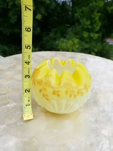 Antique 1890s Mt. Washingington Satin Yellow Glass Enamel floral shell rose bowl
