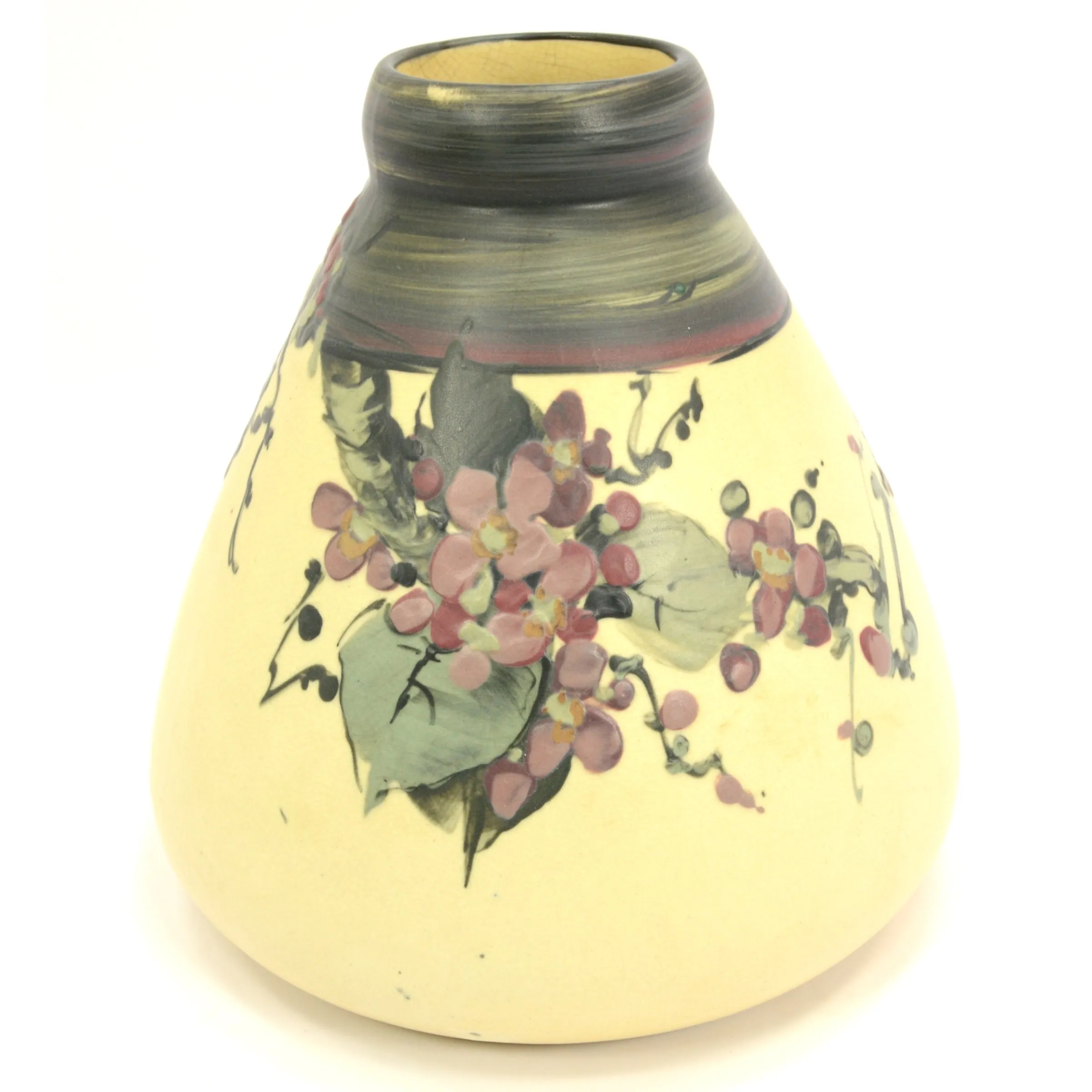 Antique WELLER "WHITE & DECORATED" HUDSON VASE 6.5" Squat CHERRY BLOSSOMS Rare!