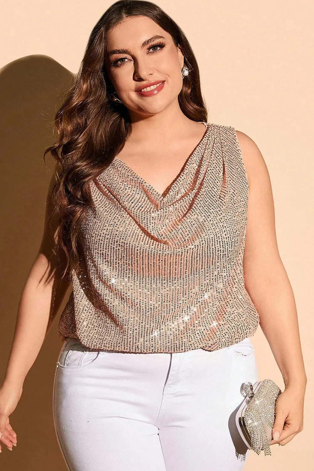 Apricot Plus Size Drape Shoulder Sequin Tank Top