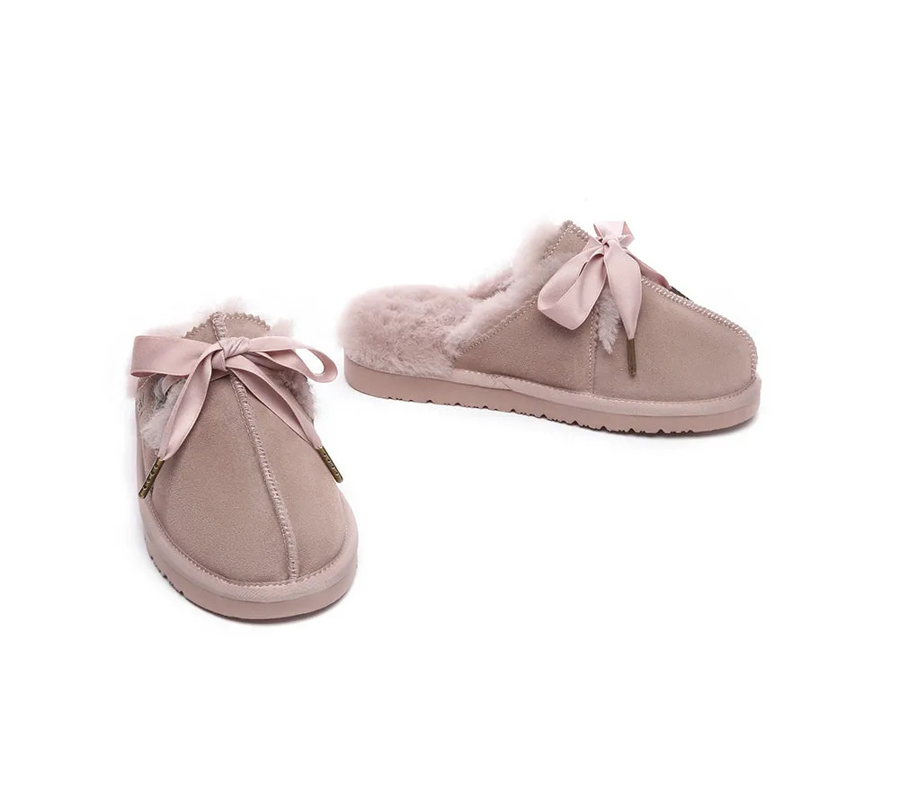 AUSTRALIAN SHEPHERD® UGG Women Sheepskin Wool Adjustable Ribbon Bow Slippers Ruby