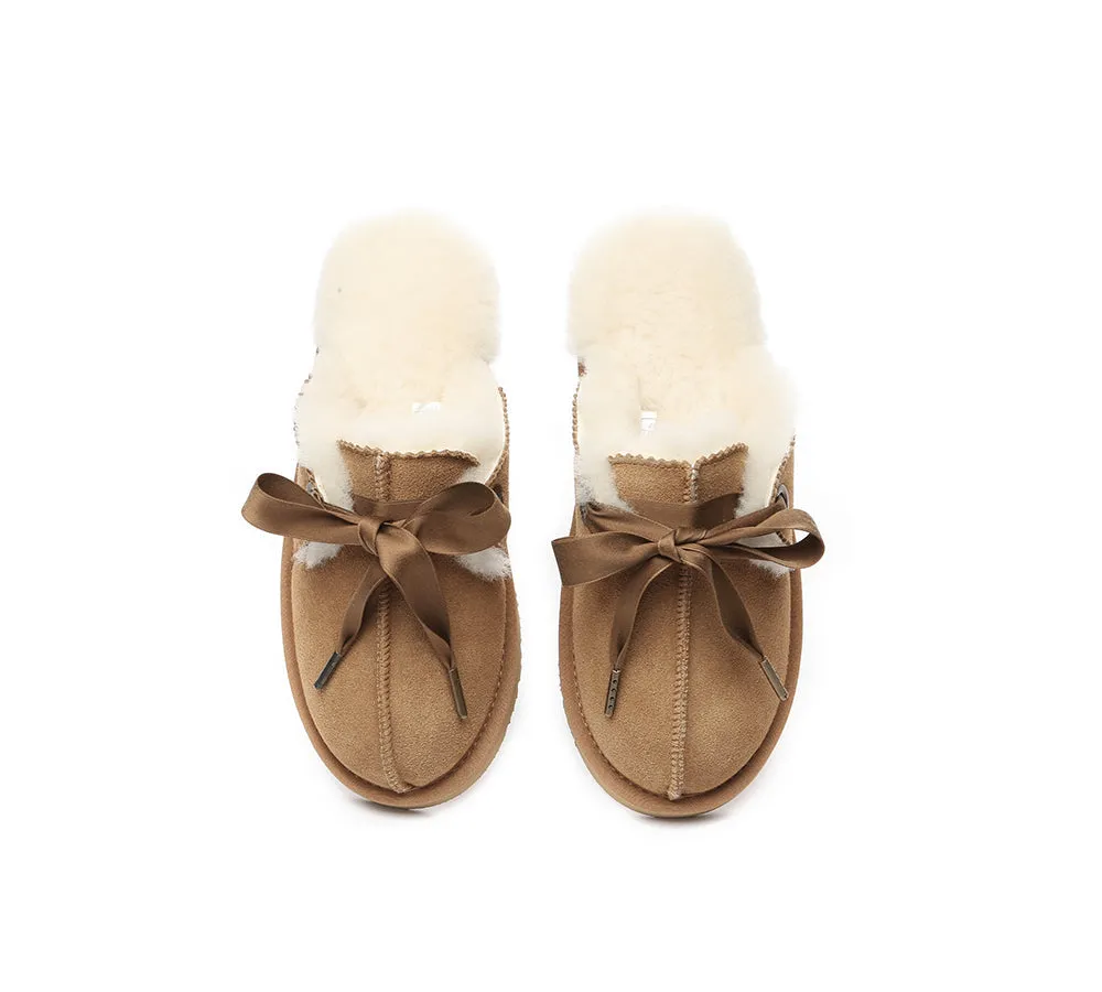 AUSTRALIAN SHEPHERD® UGG Women Sheepskin Wool Adjustable Ribbon Bow Slippers Ruby