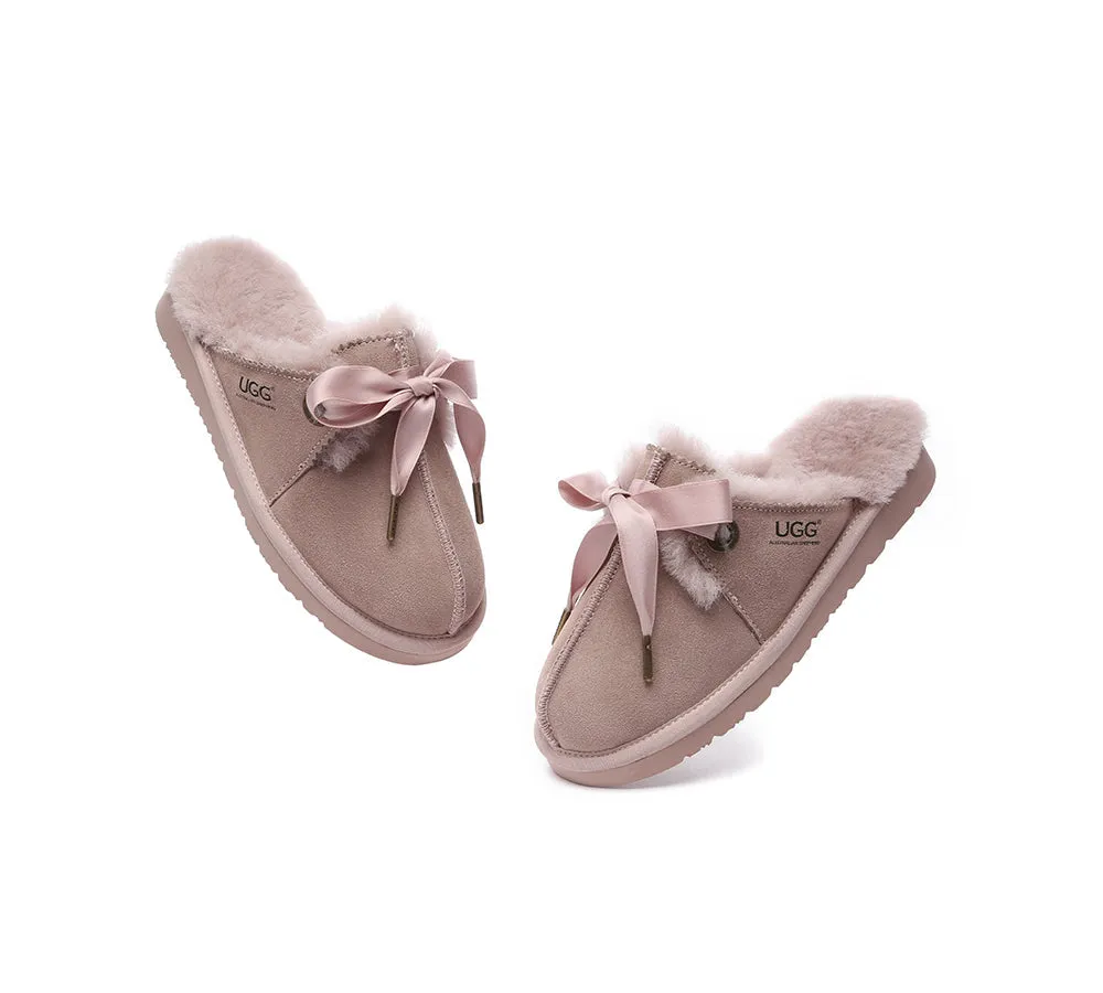 AUSTRALIAN SHEPHERD® UGG Women Sheepskin Wool Adjustable Ribbon Bow Slippers Ruby