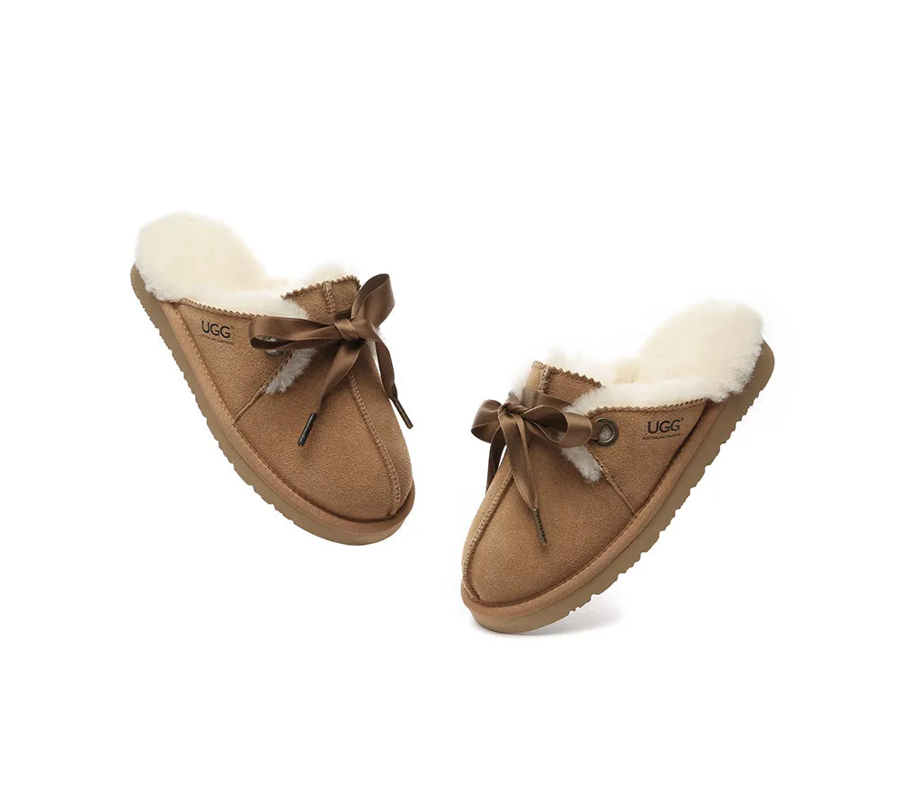 AUSTRALIAN SHEPHERD® UGG Women Sheepskin Wool Adjustable Ribbon Bow Slippers Ruby