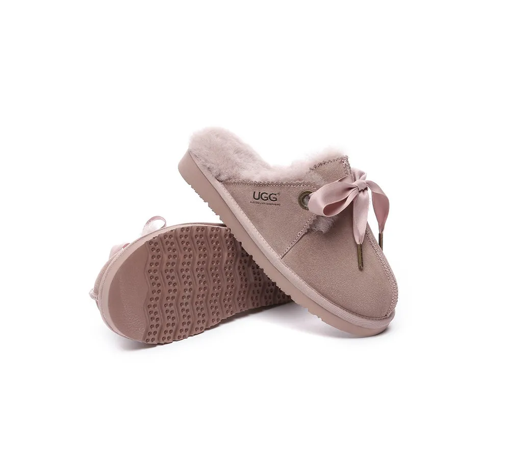 AUSTRALIAN SHEPHERD® UGG Women Sheepskin Wool Adjustable Ribbon Bow Slippers Ruby