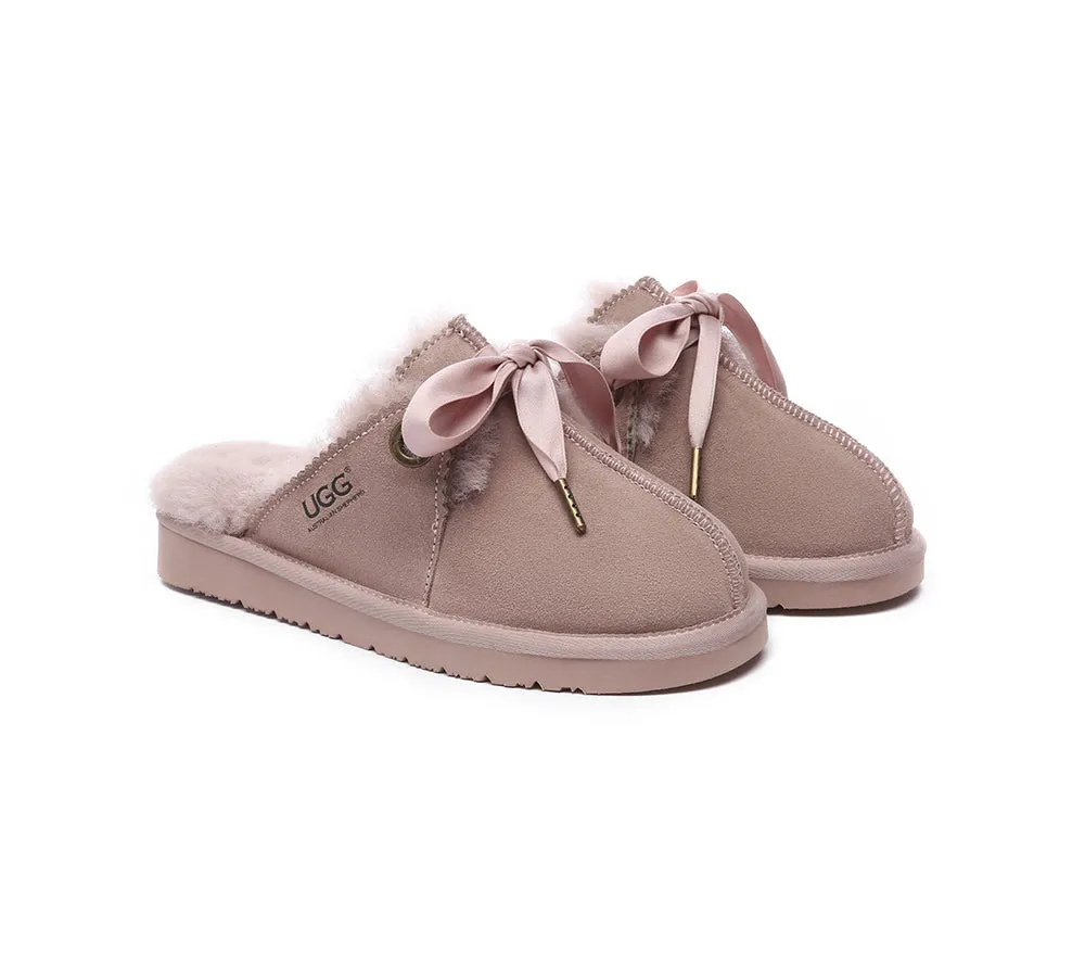 AUSTRALIAN SHEPHERD® UGG Women Sheepskin Wool Adjustable Ribbon Bow Slippers Ruby