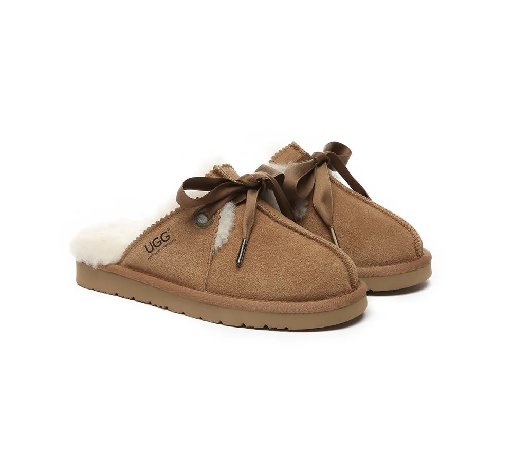 AUSTRALIAN SHEPHERD® UGG Women Sheepskin Wool Adjustable Ribbon Bow Slippers Ruby