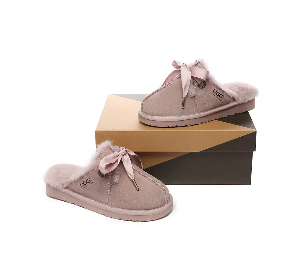AUSTRALIAN SHEPHERD® UGG Women Sheepskin Wool Adjustable Ribbon Bow Slippers Ruby