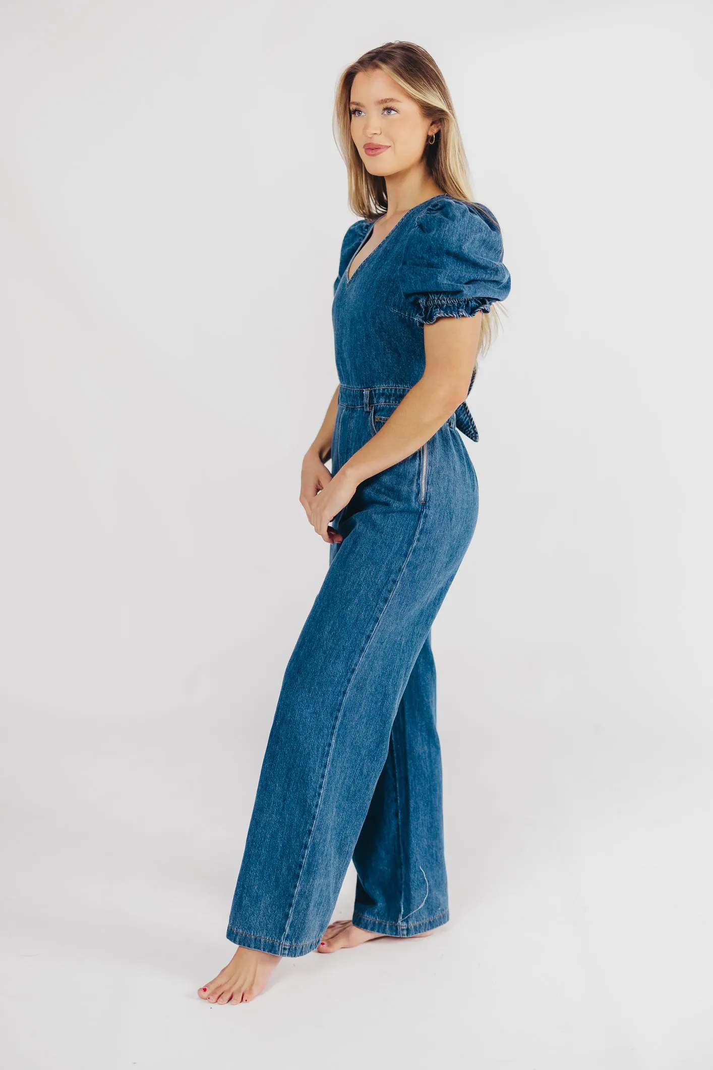 Bambi Puffed Sleeve Jumpsuit in Denim