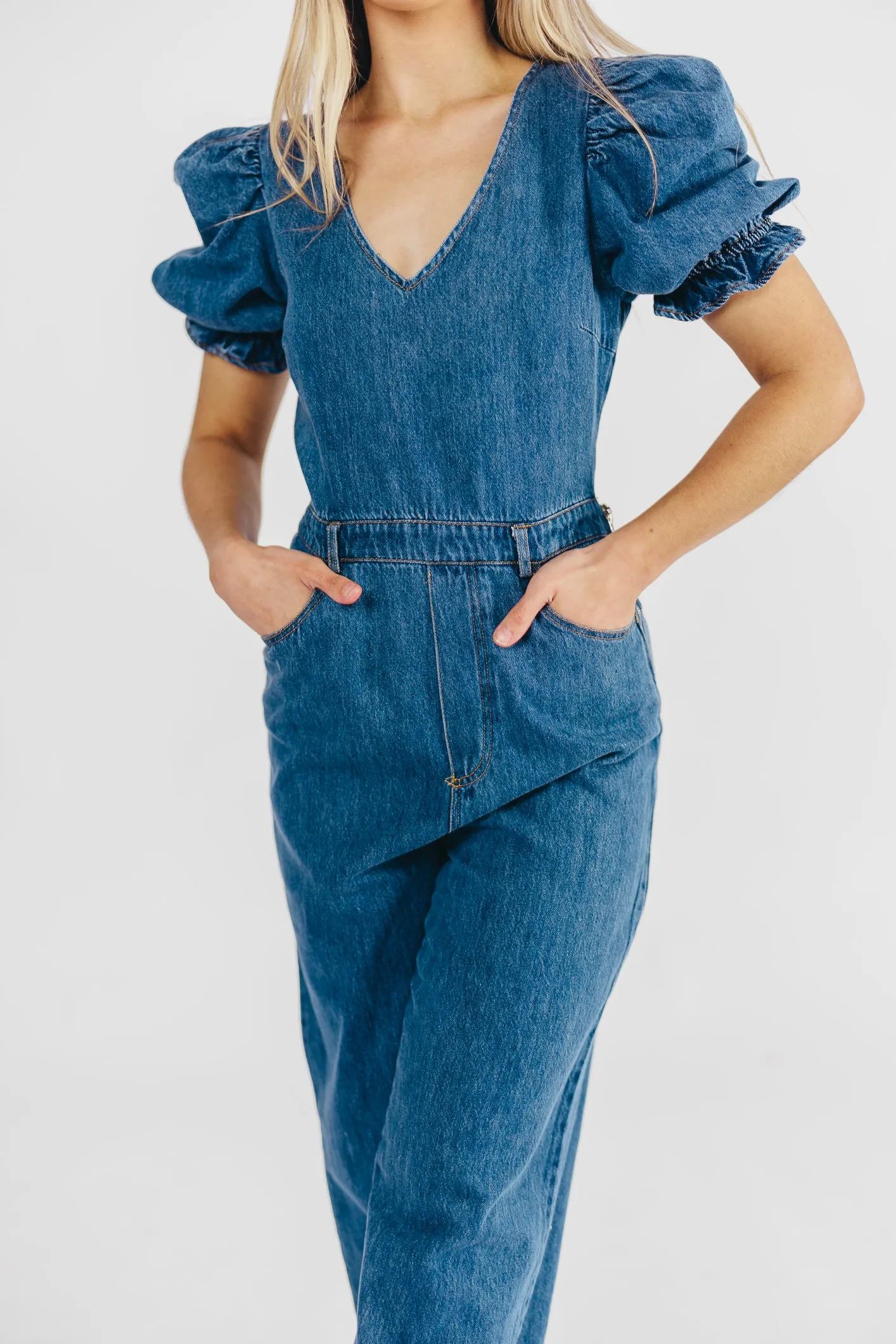 Bambi Puffed Sleeve Jumpsuit in Denim