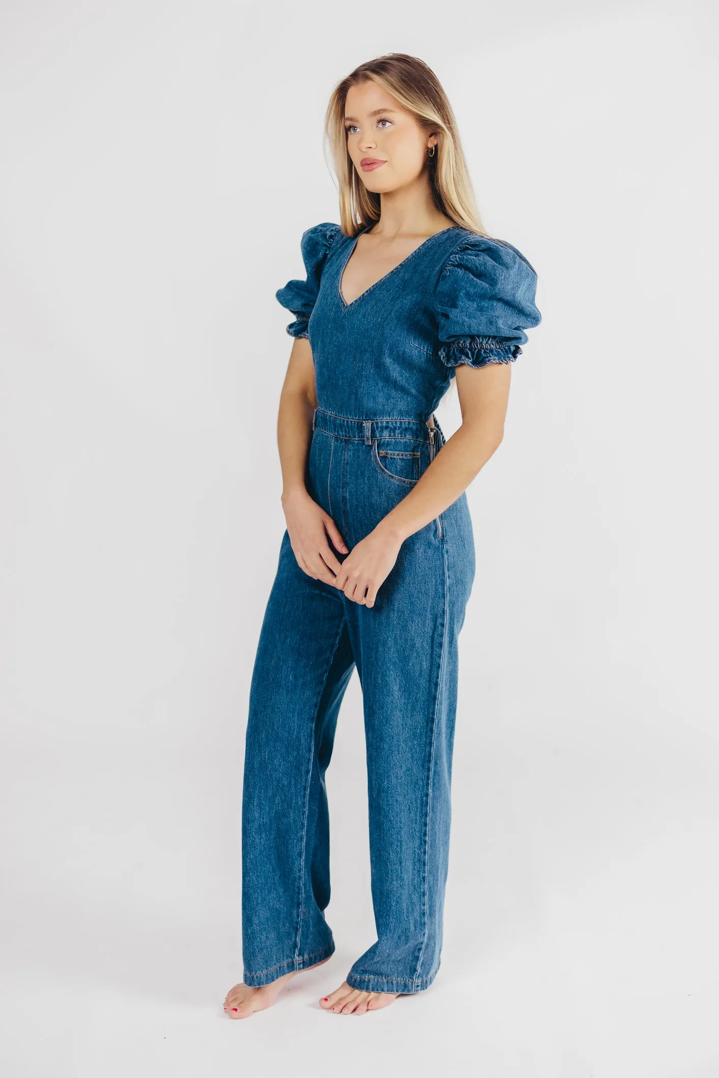 Bambi Puffed Sleeve Jumpsuit in Denim