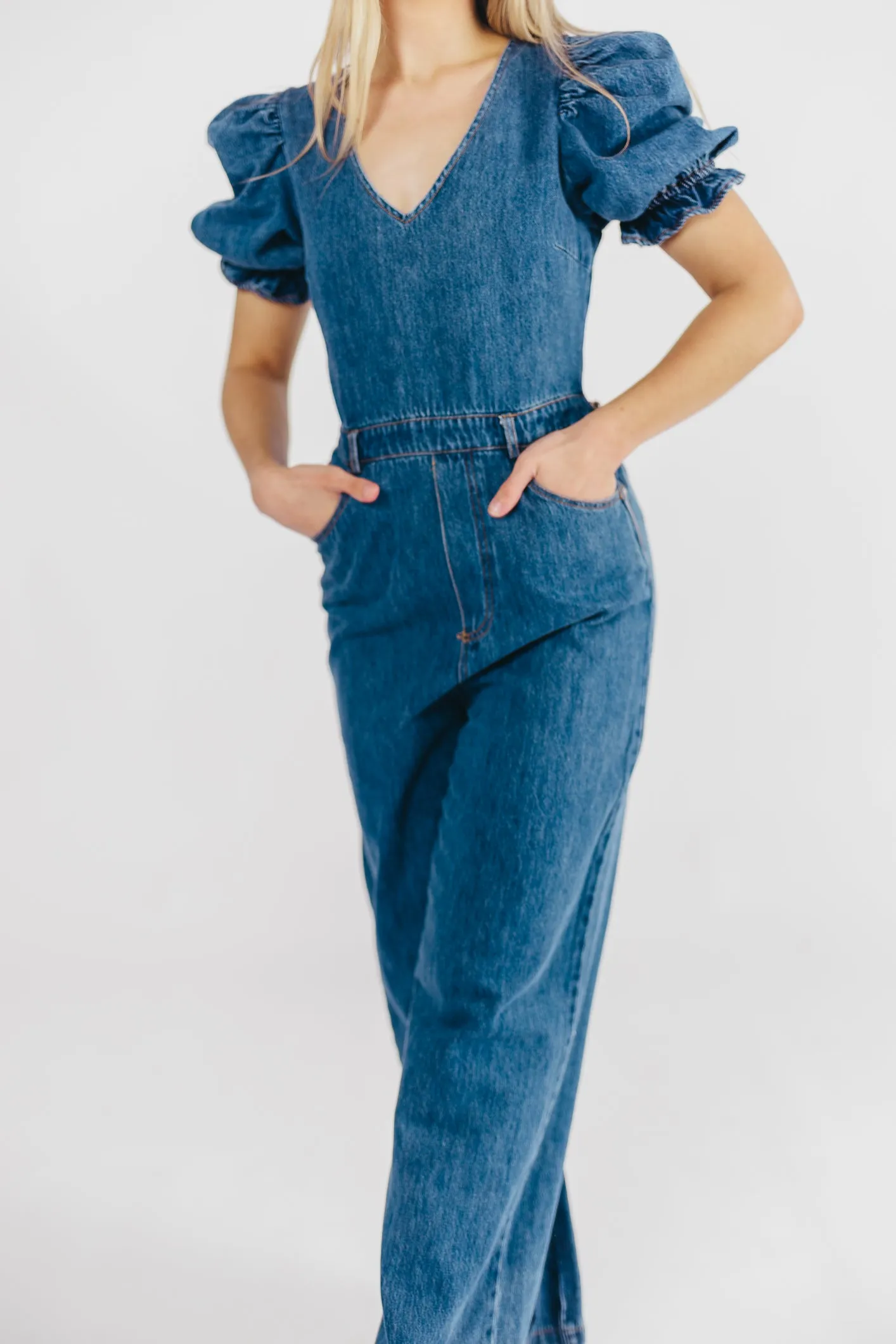 Bambi Puffed Sleeve Jumpsuit in Denim