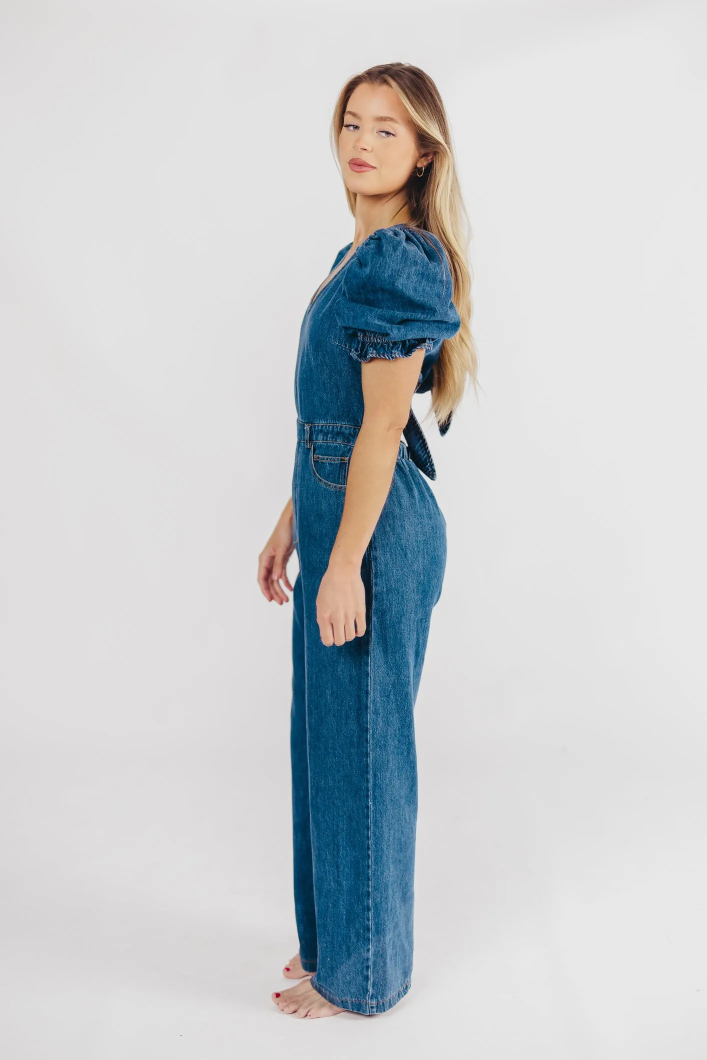 Bambi Puffed Sleeve Jumpsuit in Denim