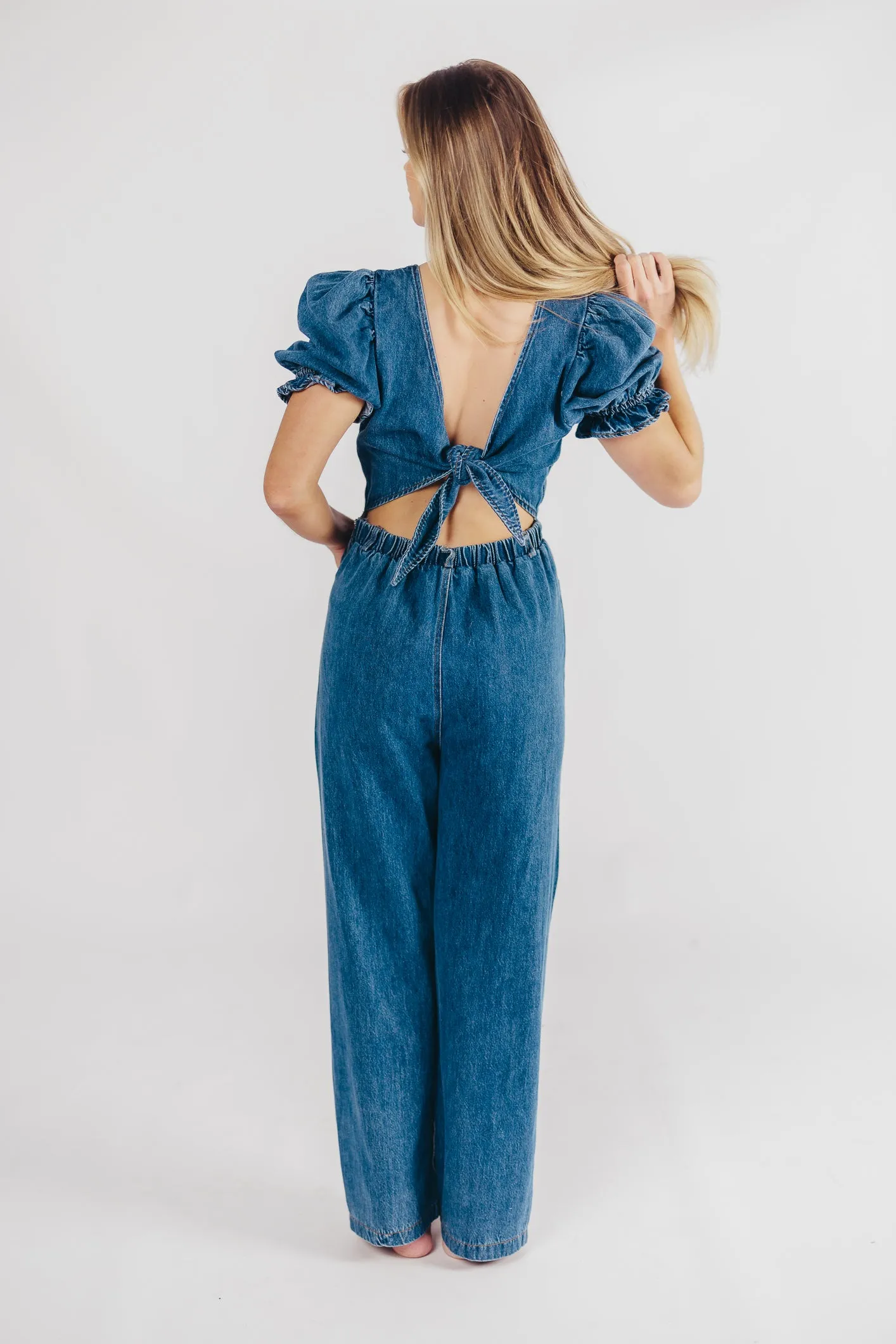 Bambi Puffed Sleeve Jumpsuit in Denim