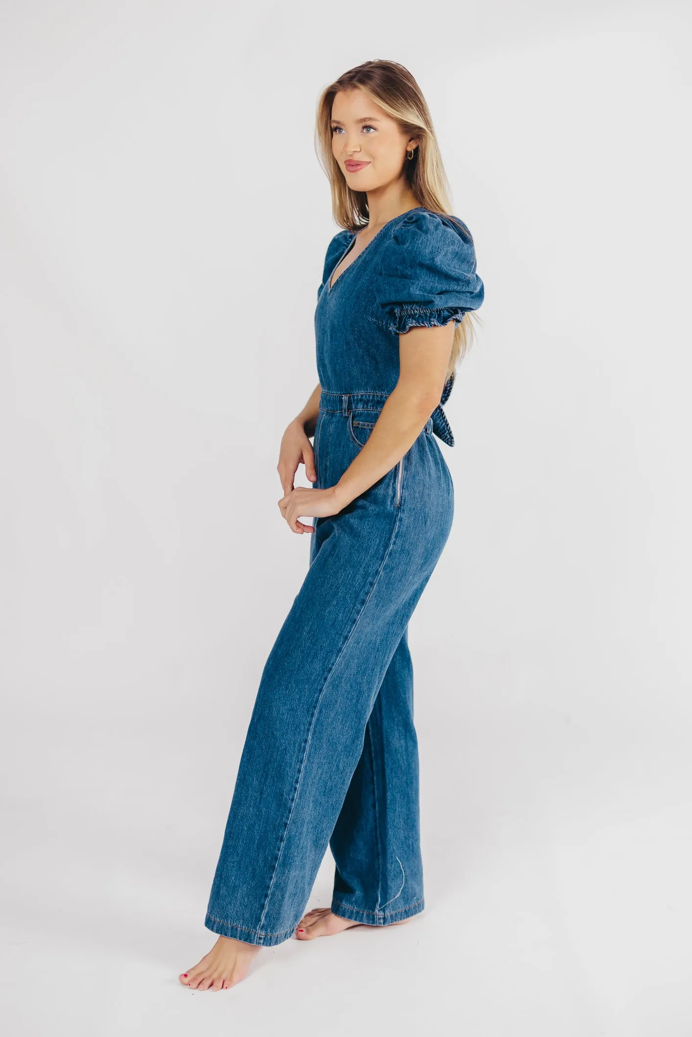 Bambi Puffed Sleeve Jumpsuit in Denim