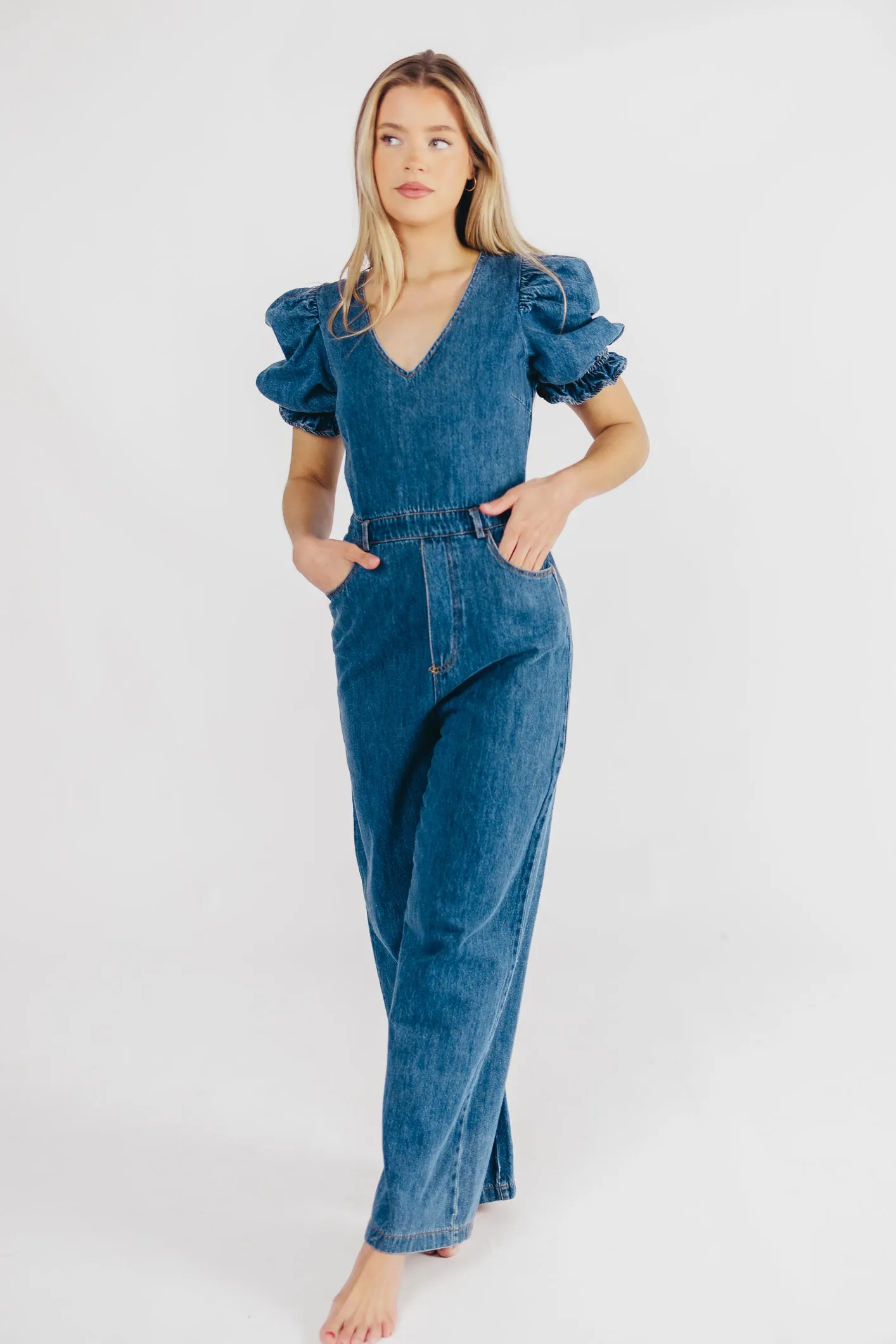 Bambi Puffed Sleeve Jumpsuit in Denim