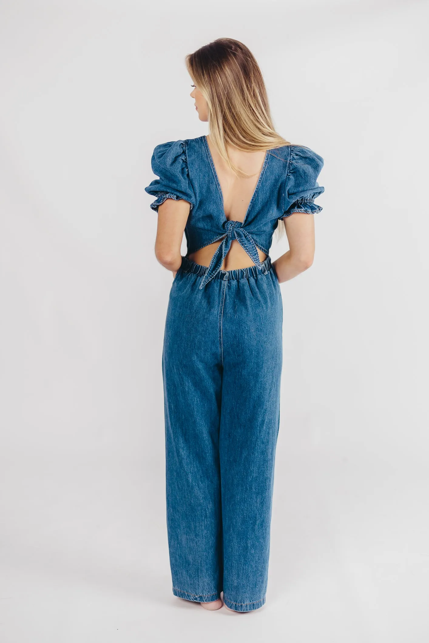 Bambi Puffed Sleeve Jumpsuit in Denim