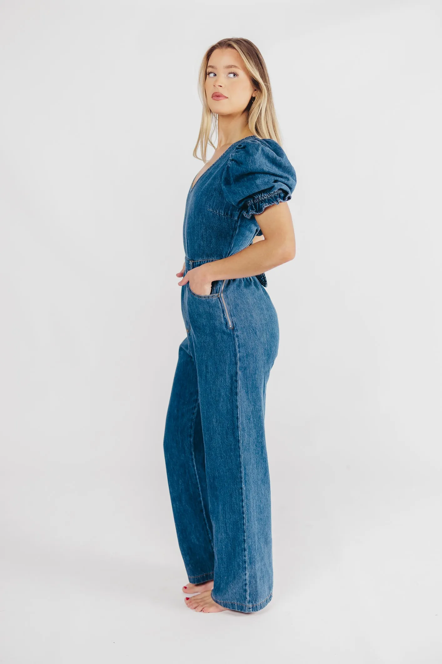 Bambi Puffed Sleeve Jumpsuit in Denim