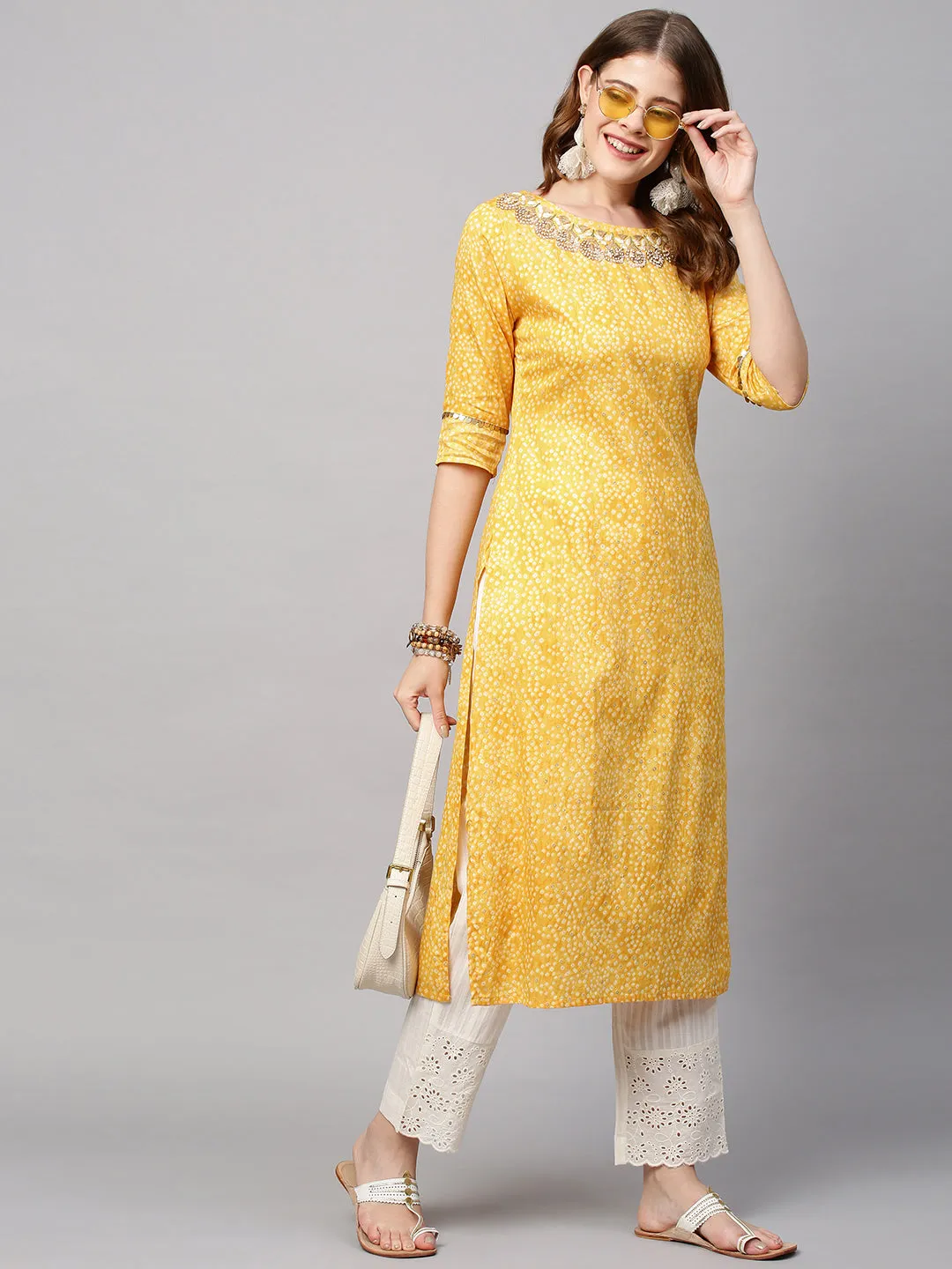 Bandhani Printed & Hand Embroidered Straight Fit Kurta - Yellow
