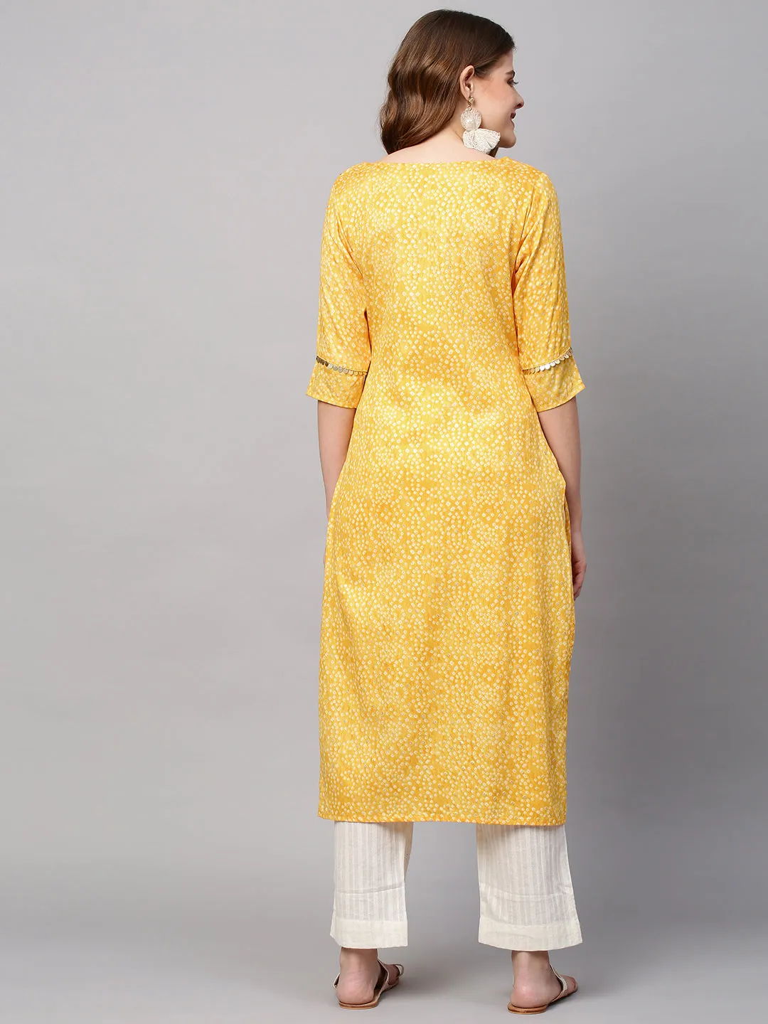 Bandhani Printed & Hand Embroidered Straight Fit Kurta - Yellow