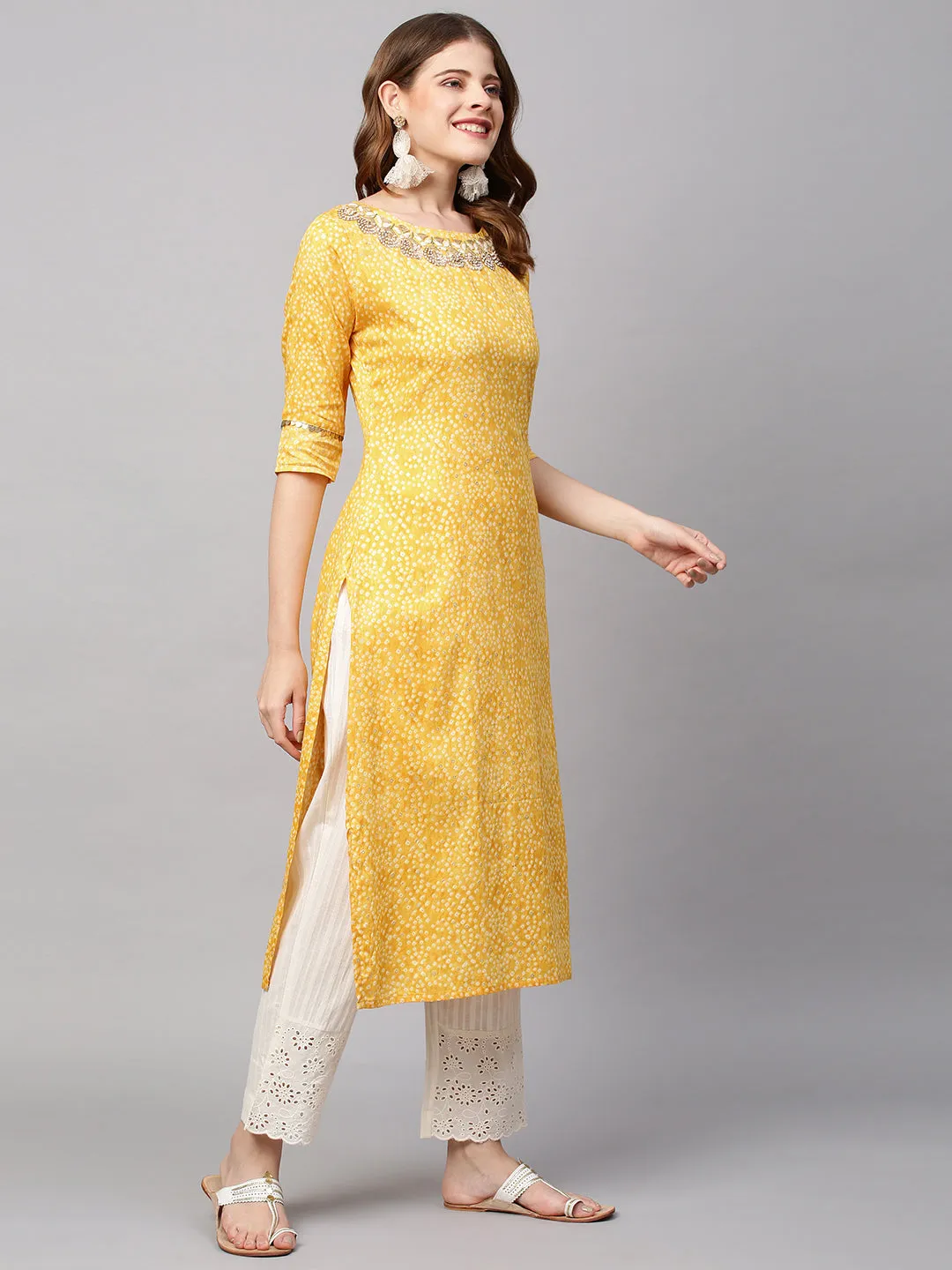 Bandhani Printed & Hand Embroidered Straight Fit Kurta - Yellow