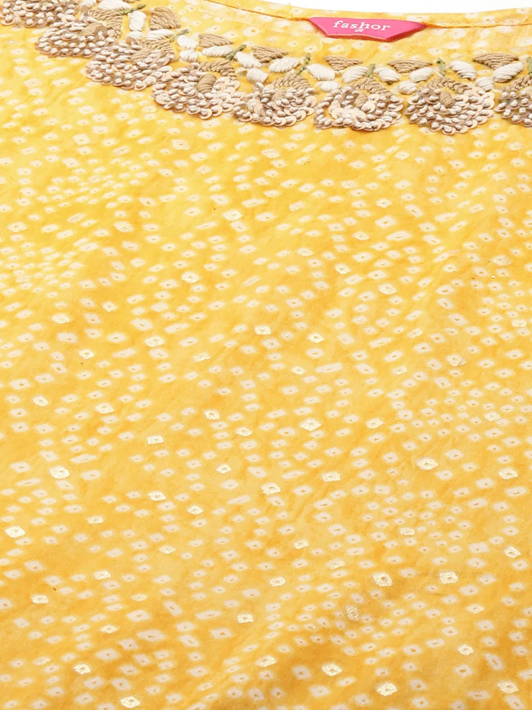 Bandhani Printed & Hand Embroidered Straight Fit Kurta - Yellow