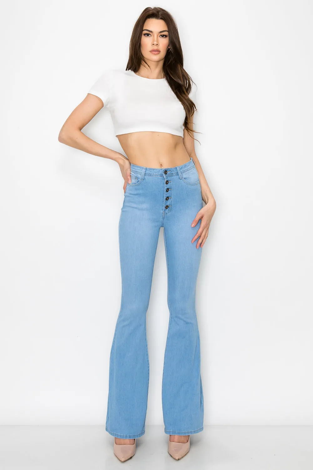 BC-065 LIGHT Indigo Stretchy 5 BUTTON flare Jeans