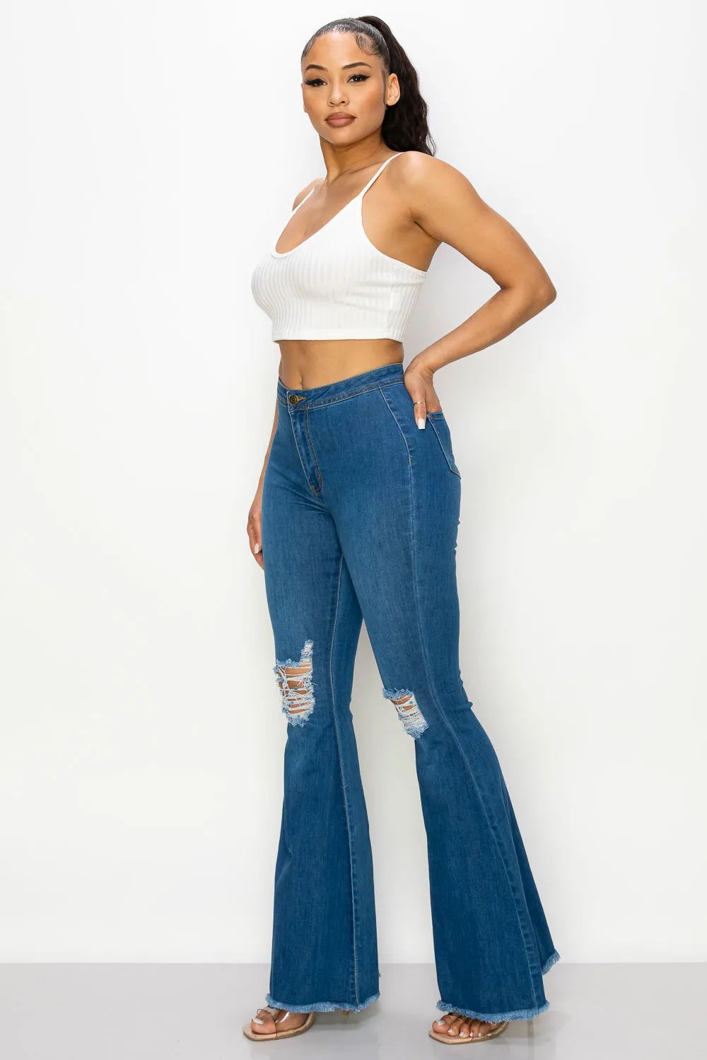 BC-086 BELL BOTTOM FLARE LEG RIPPED DISTRESSED & DESTROYED JEANS